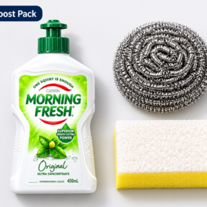 SettleBox Kitchen Boost Pack with Morning Fresh dishwashing liquid 400ml, stainless steel scourer, and dual-sided kitchen sponge