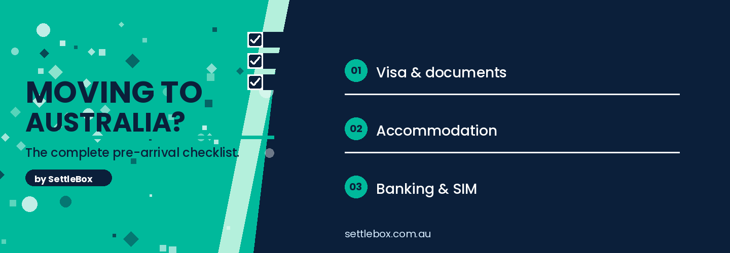 Teal graphic with checklist illustration reading "Moving to Australia? The complete pre-arrival checklist" by SettleBox