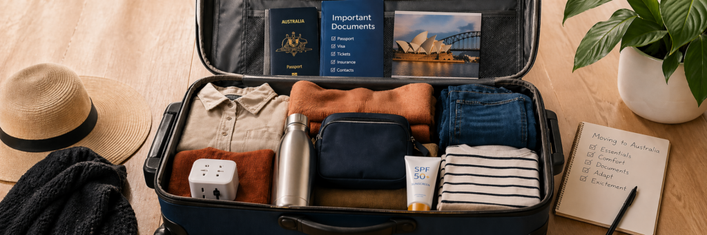 Open suitcase with neatly packed clothing, documents, and travel essentials for someone moving to Australia
