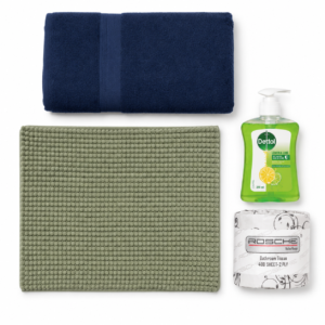 Bathroom Lite kit — navy bath towel, sage bath mat, Dettol Lemon Lime hand wash and Rosche toilet roll on white background