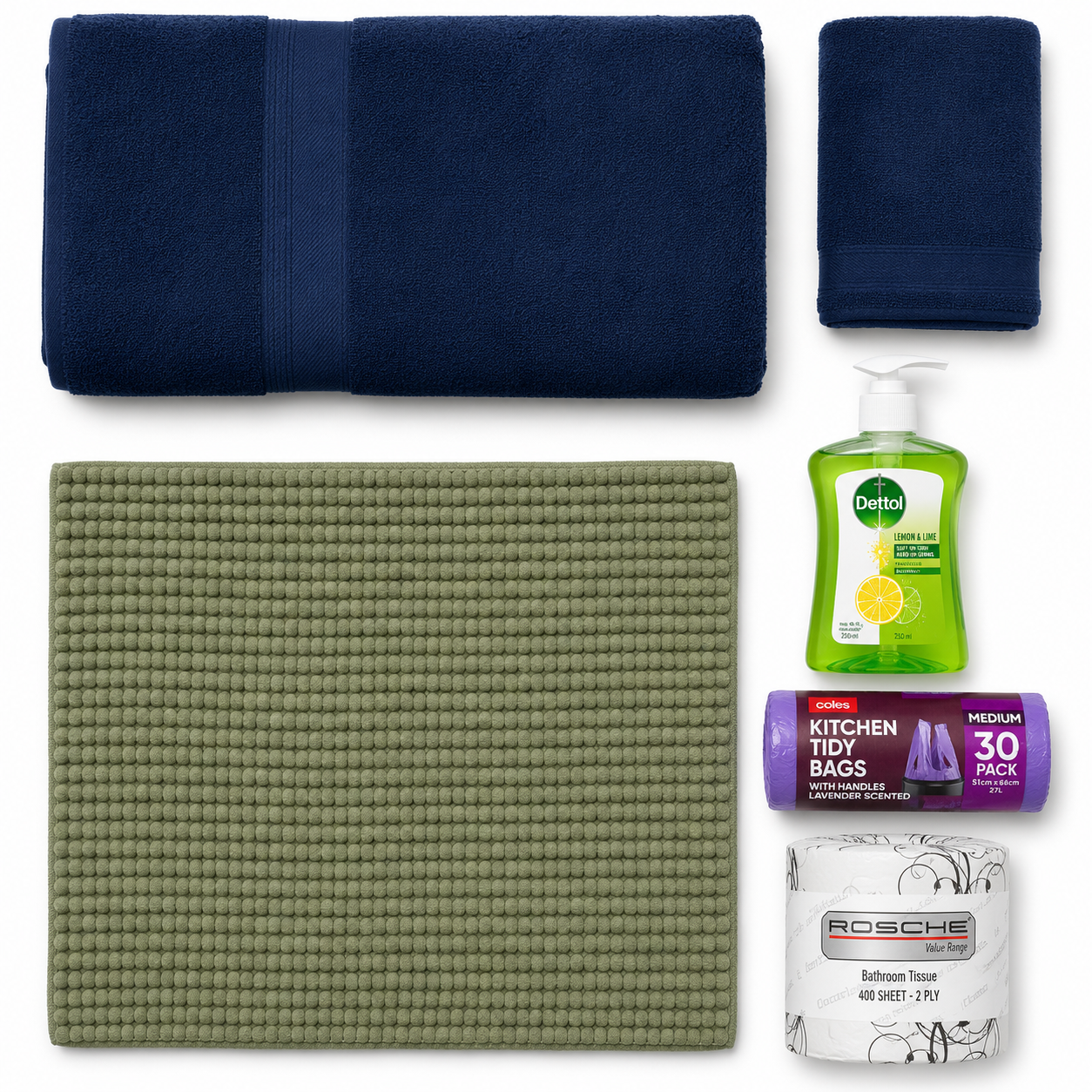 Bathroom Plus kit — navy bath towel, navy hand towel, sage bath mat, Dettol Lemon Lime hand wash, Coles Kitchen Tidy bin liner roll and Rosche toilet roll on white background