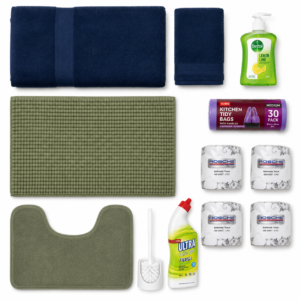 Bathroom Pro kit — two navy bath towels, sage bath mat, sage contour toilet mat, Dettol Lemon Lime hand wash, Coles Kitchen Tidy bin liner roll, four Rosche toilet rolls and toilet brush with Coles Ultra cleaner on white background
