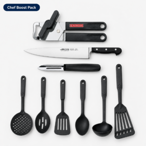 Chef Boost Pack kitchen utensils set including Victorinox can opener, Arcos cook's knife, peeler, slotted spoon, skimmer, turners, serving spoon and soup ladle