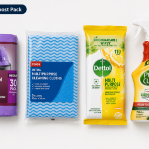 SettleBox Cleaning Boost Pack with Coles kitchen tidy bags, Coles Ultra multipurpose cleaning cloths, Dettol biodegradable wipes 110 pack, and Pine O Cleen disinfectant spray 750ml