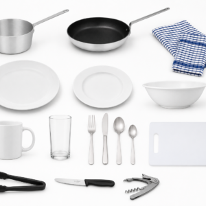 Kitchen Essentials Kit Plus flat lay showing saucepan, non-stick frypan, dinner plate, side plate, bowl, ceramic mug, water glass, 4-piece cutlery set, Victorinox vegetable knife, small chopping board, waiter's friend corkscrew, tongs, and two tea towels on white background