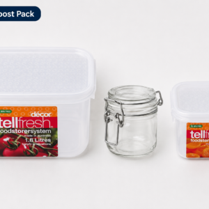 SettleBox Storage Boost Pack with Decor Tellfresh food containers 1.8L and 500ml and Fido 200ml glass airtight seal jar